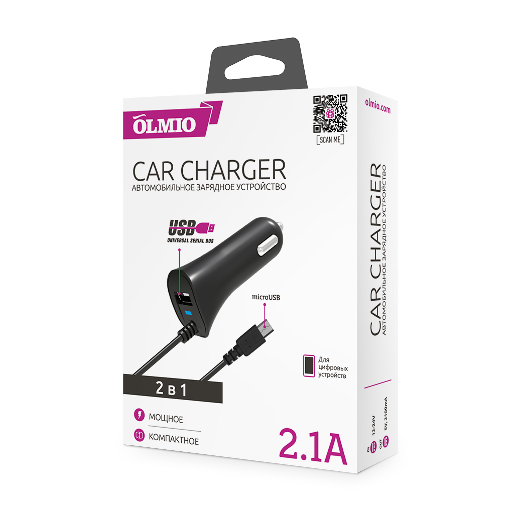 Автомобильное ЗУ MicroUSB,  2.1A,  2в1 (USB+microUSB),  OLMIO