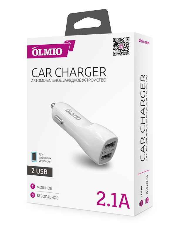 Автомобильное ЗУ 2USB,  2.1A,  белое,  OLMIO