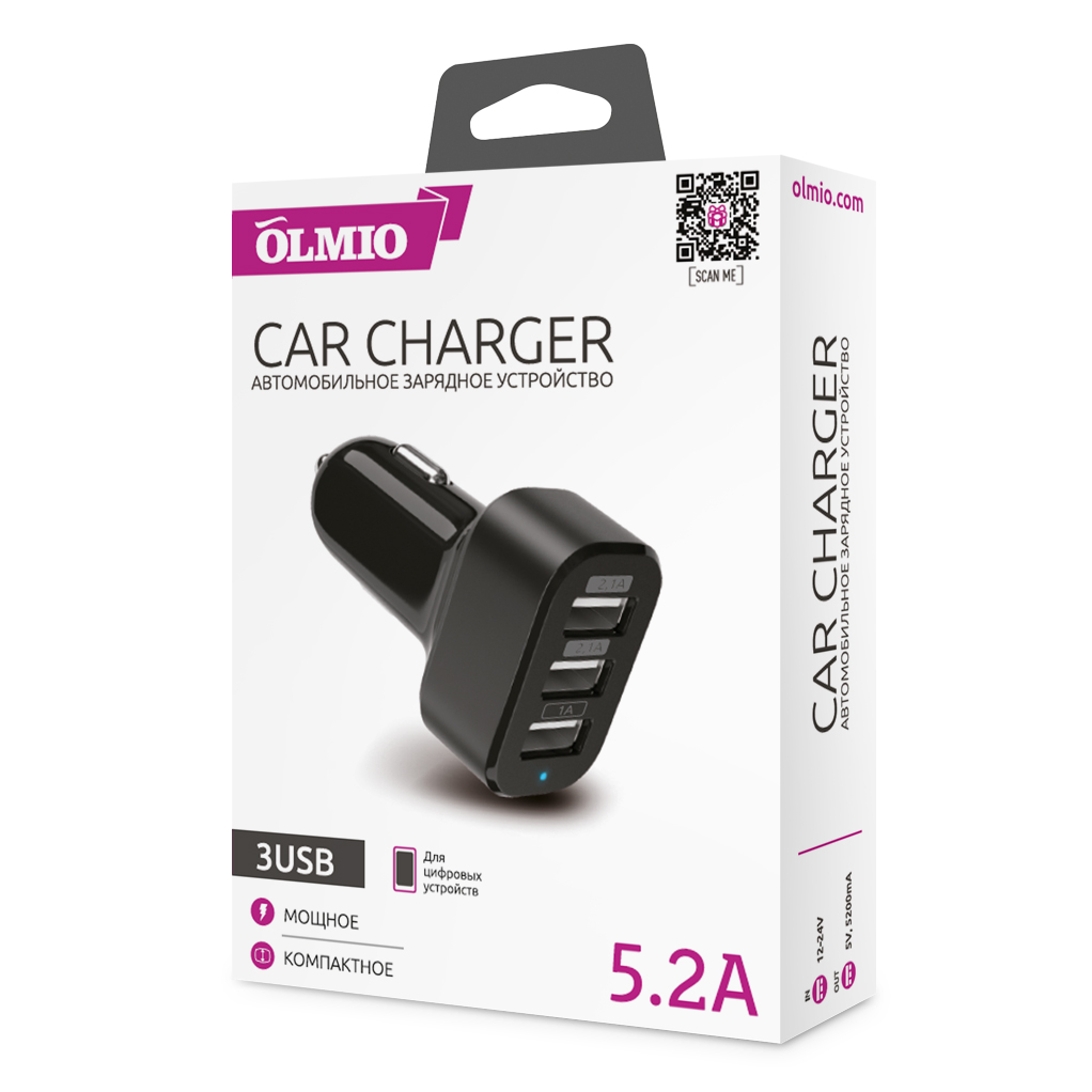 Автомобильное ЗУ 3USB,  5.2A,  OLMIO