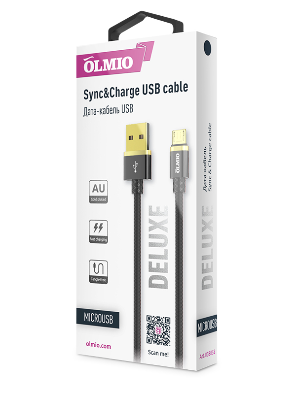 Кабель DELUXE,  USB 2.0 - microUSB,  1м,  2.1A,  черный,  OLMIO