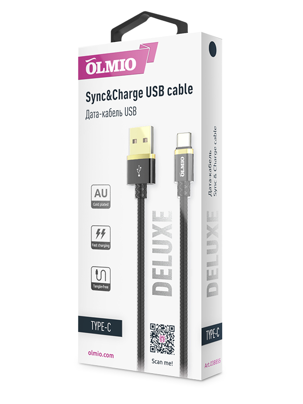 Кабель DELUXE,  USB 2.0 - Type-C,  1м,  2.1A,  черный,  OLMIO