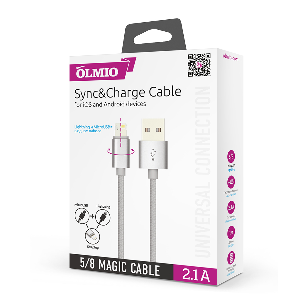 Кабель USB 2.0 - MAGIC 5/8 (microUSB+lightning),  1м,  2.1А,  OLMIO