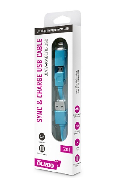 Кабель USB 2.0 - microUSB/Apple 8pin,  2-в-1,  1м,  2.1A,  голубой,  плоский,  OLMIO