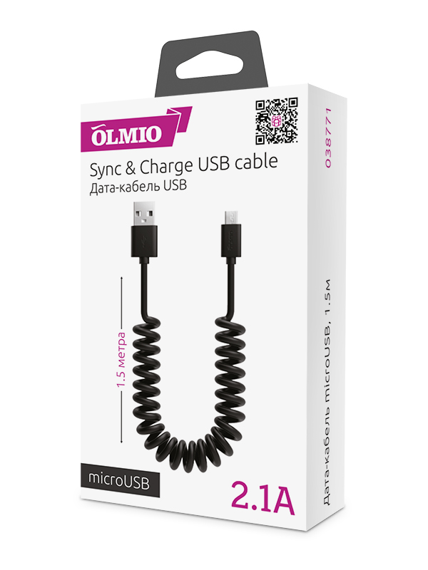 Кабель USB 2.0 - microUSB,  1.5м,  витой,  OLMIO