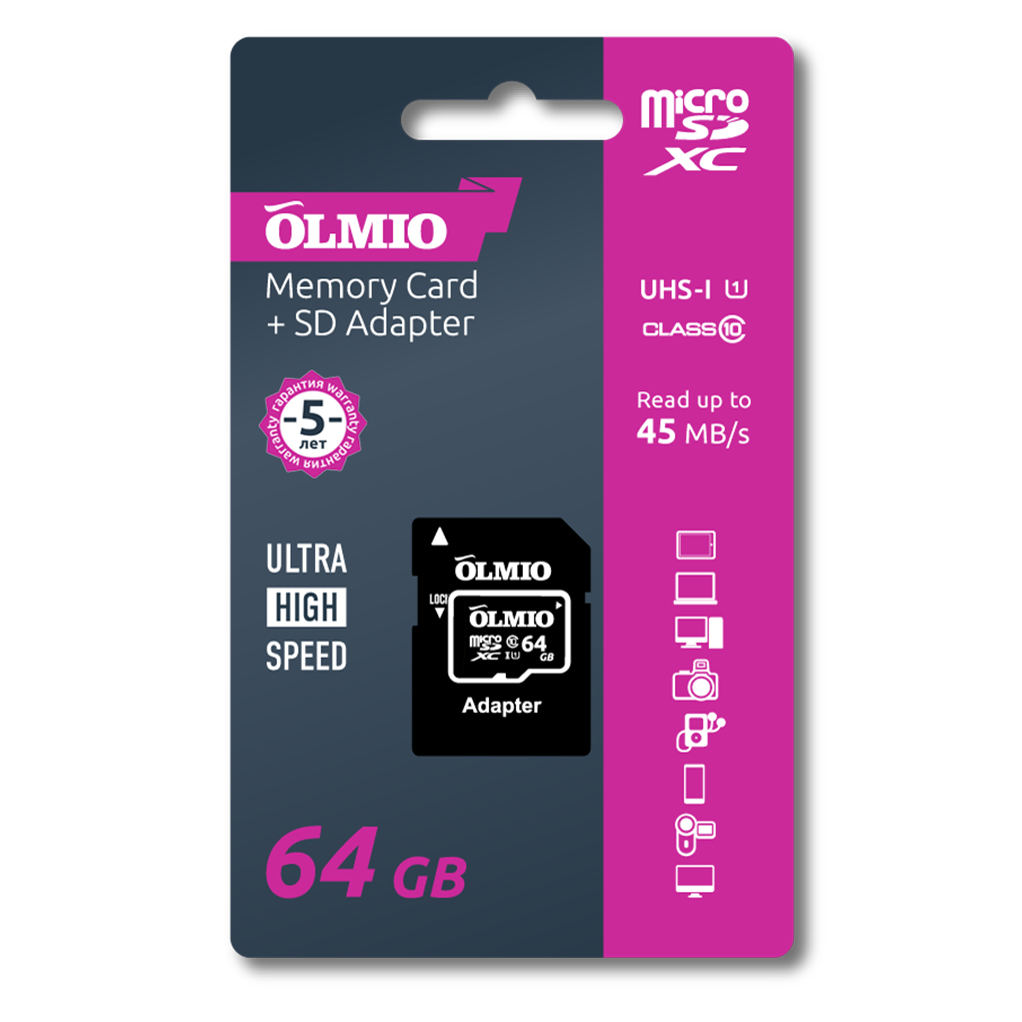 Карта памяти microSDXC 64GB Class 10 UHS-I,  с адаптером,  OLMIO