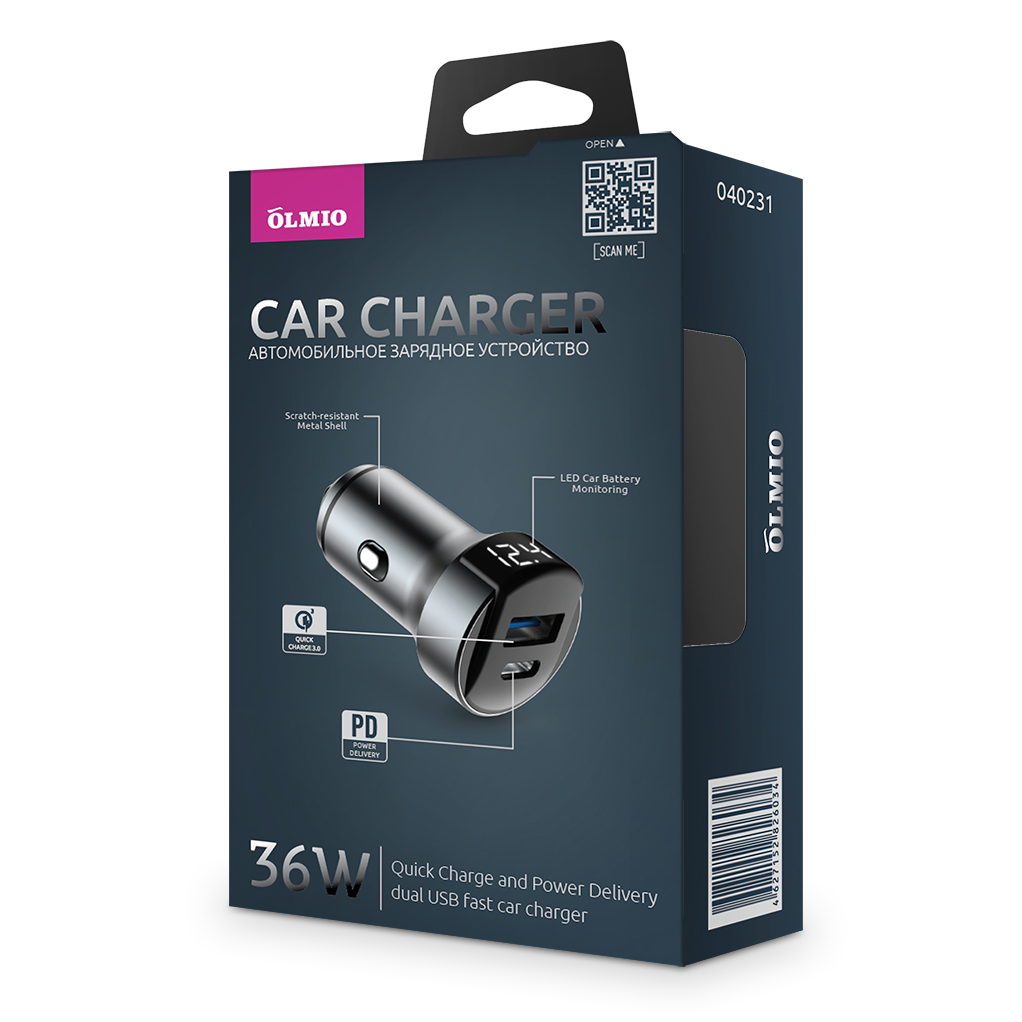 Автомобильное ЗУ 2USB,  36W,  6A,  QuickCharge3.0,  PowerDelivery,  OLMIO