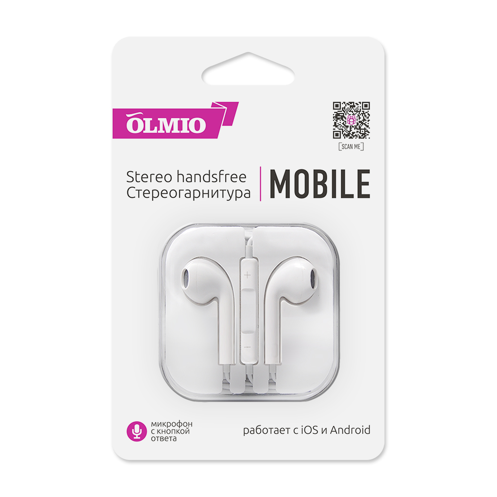 Наушники внутриканальные "Mobile" 3.5мм,  пластик,  с микрофоном и пультом ДУ,  белые,  OLMIO