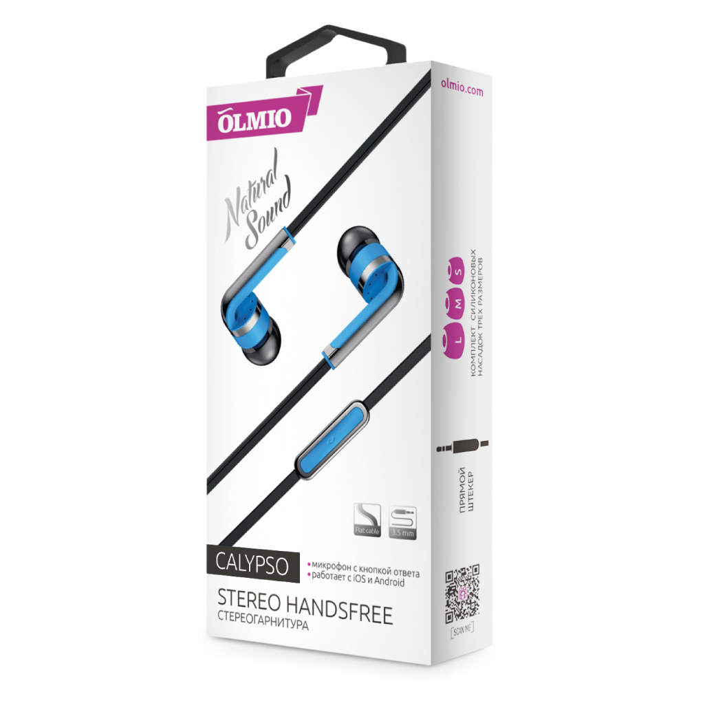 Наушники-гарнитура "Calypso" 3.5мм,  голубые,  пластик,  с микрофоном и кнопкой ответа,  OLMIO