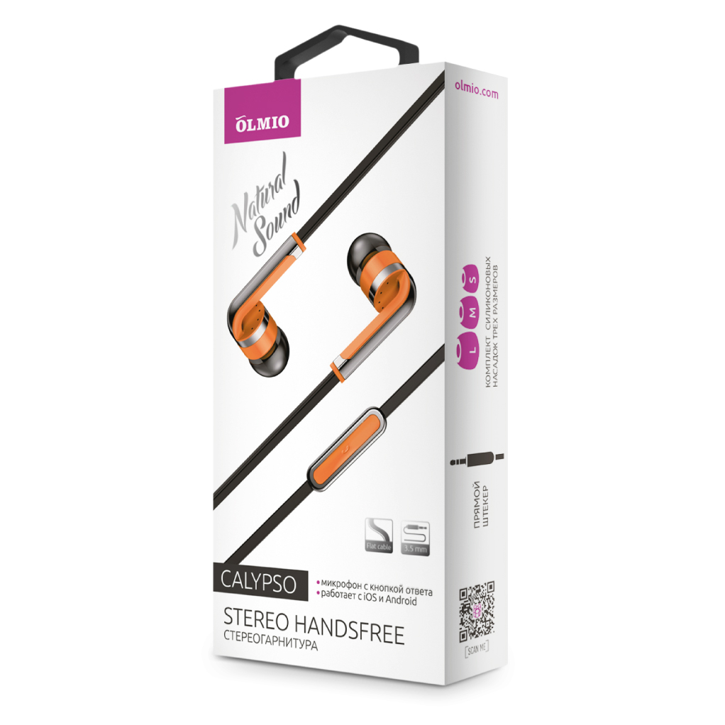 Наушники-гарнитура "Calypso" 3.5мм,  оранжевые,  пластик,  с микрофоном и кнопкой ответа,  OLMIO