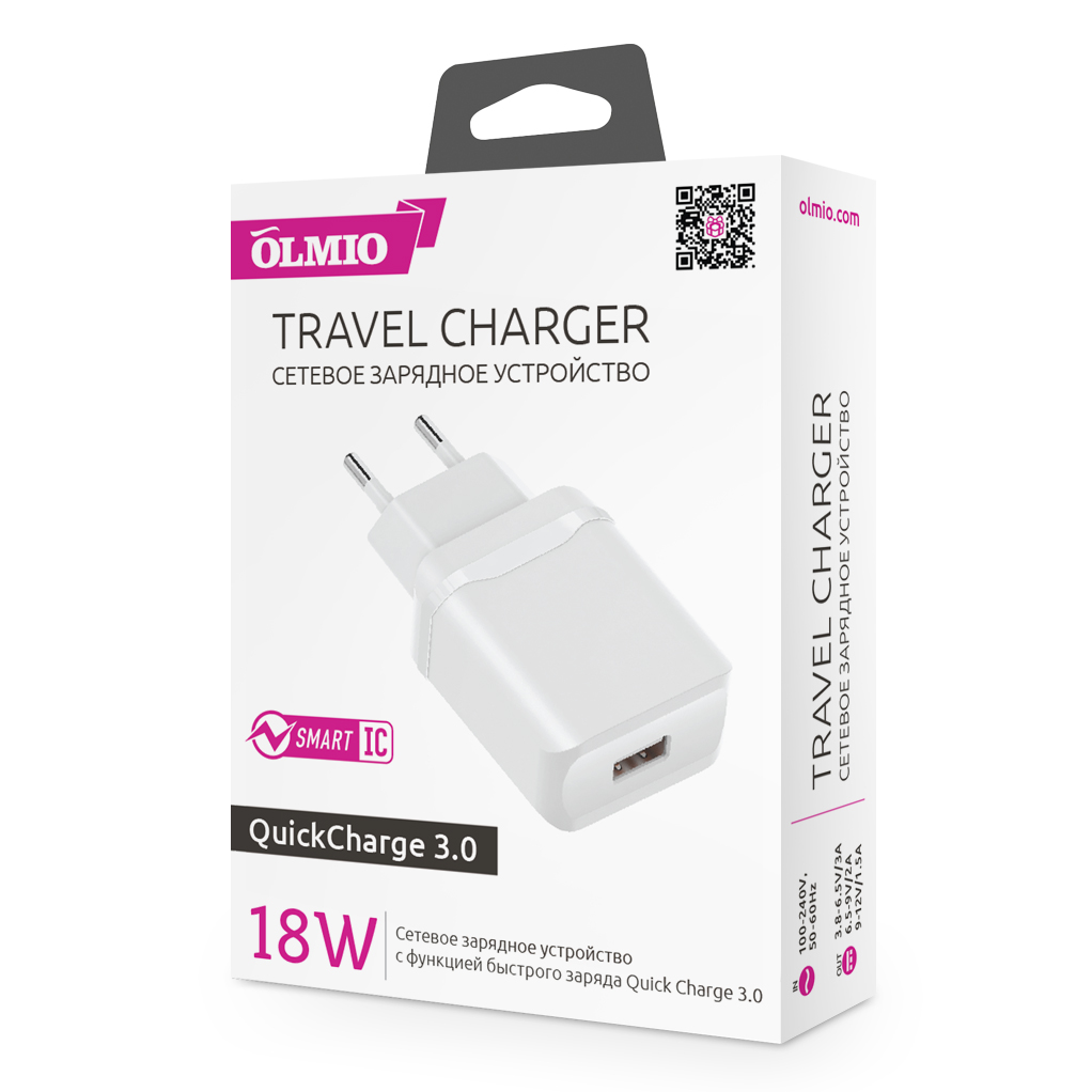 Сетевое ЗУ USB,  18W,  3A,  QuickCharge3.0,  OLMIO