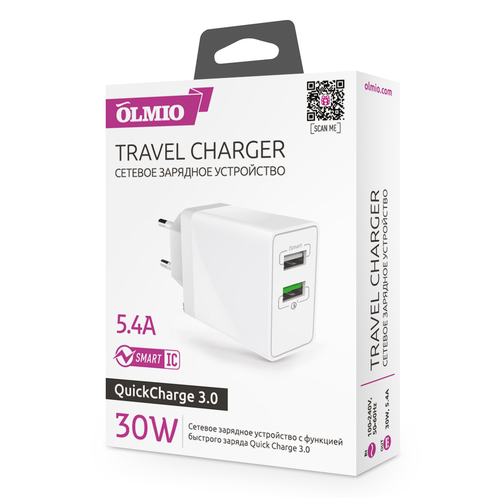 Сетевое ЗУ 2USB,  30W,  5.4A,  QuickCharge3.0,  Smart IC,  OLMIO