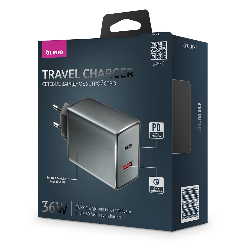 Сетевое ЗУ 2USB,  36W,  6A,  QuickCharge3.0,  PowerDelivery,  OLMIO