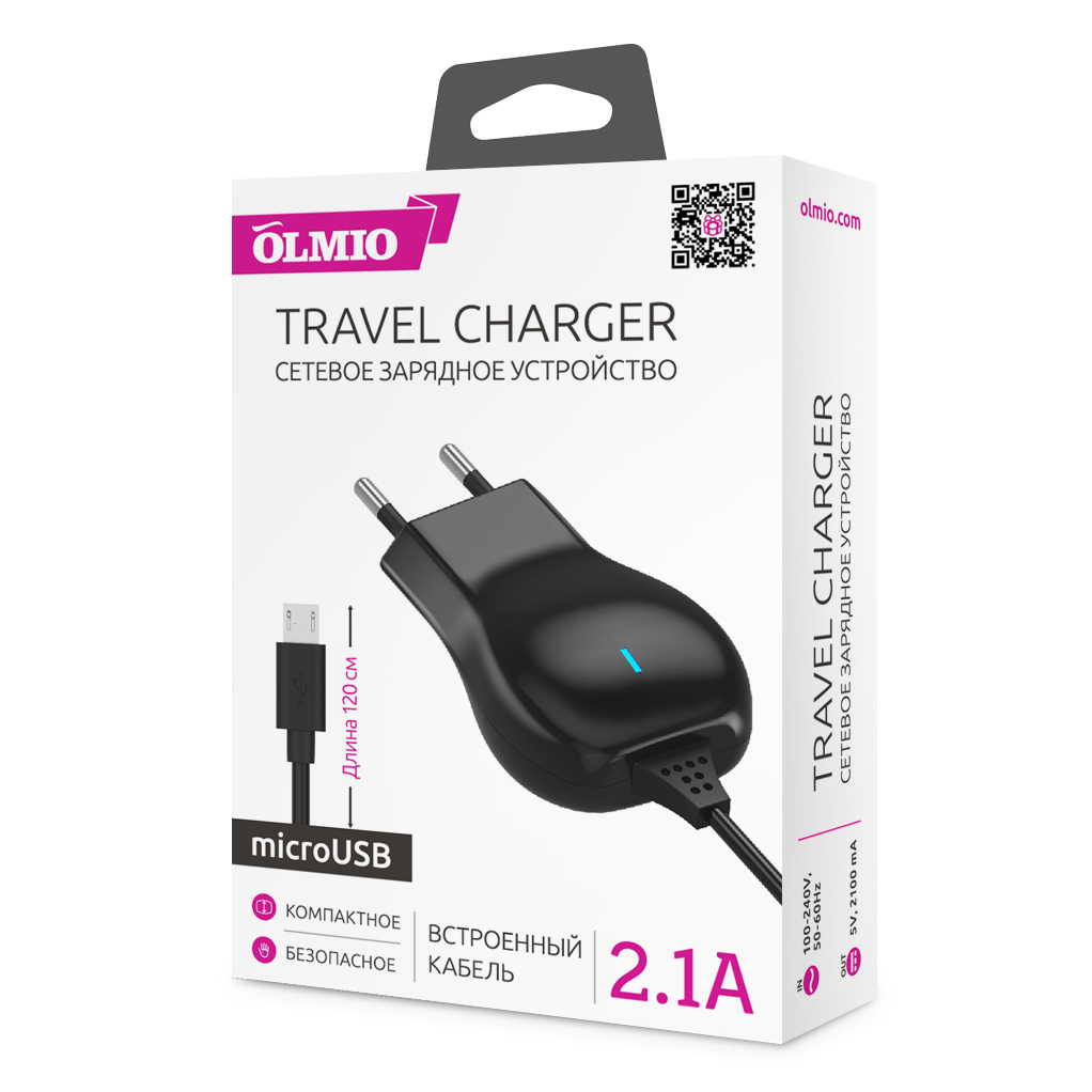 Сетевое ЗУ MicroUSB,  2.1А,  OLMIO