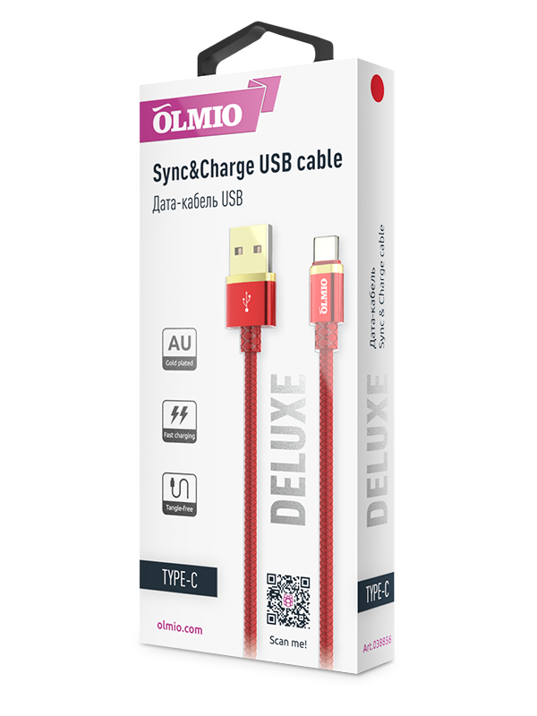 Кабель DELUXE,  USB 2.0 - Type-C,  1м,  2.1A,  красный,  OLMIO