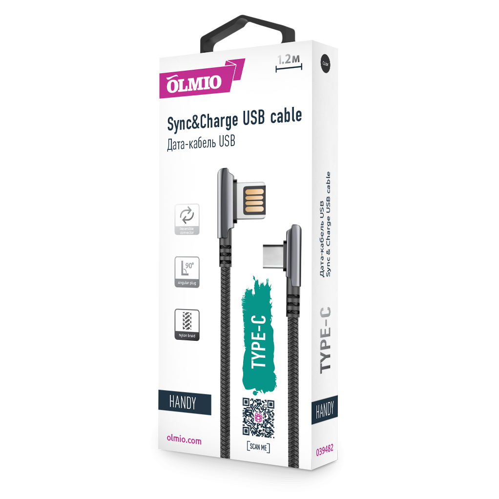 Кабель HANDY,  USB 2.0 - Type-C,  1.2м,  2.1A,  угловой,  двухсторонний,  черный,  OLMIO