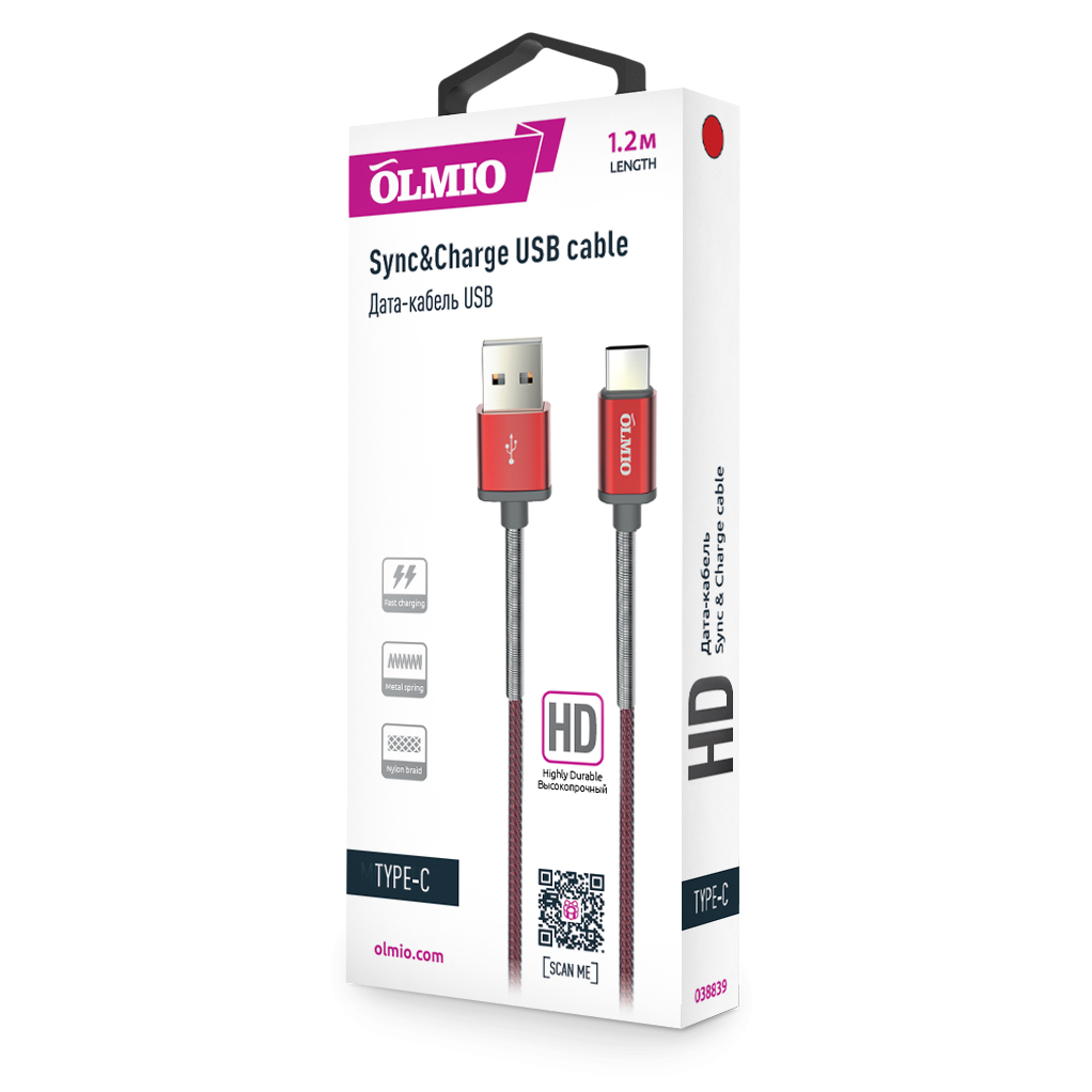 Кабель HD,  USB 2.0 - USB Type-C,  1.2м,  2.1A,  красный,  OLMIO