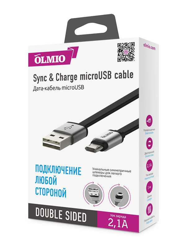 Кабель USB 2.0 - microUSB,  1м,  2.1А,  двухсторонний,  плоский,  OLMIO