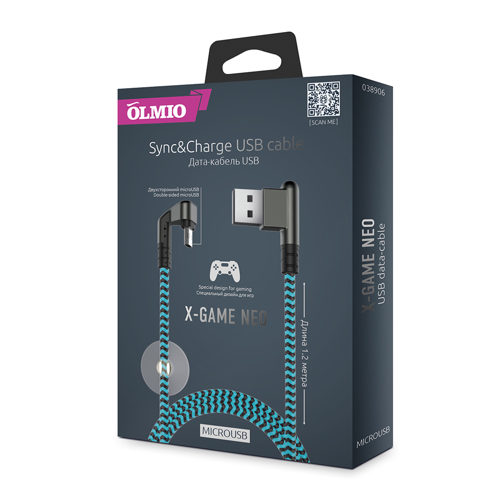 Кабель X-Game Neo USB 2.0 - microUSB,  1.2м,  2.1A,  игровой,  угловой USB (A),  двухсторонний microUSB,  OLMIO