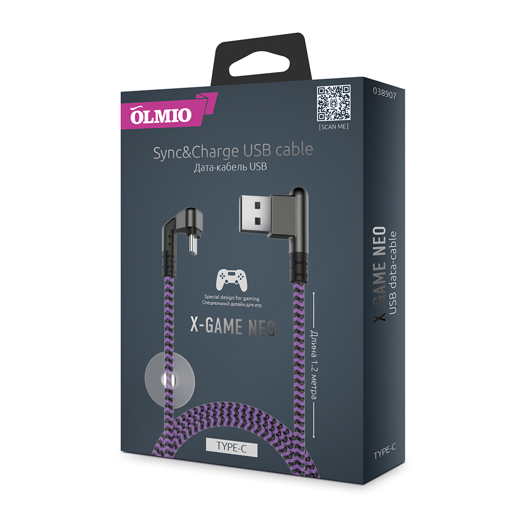 Кабель X-Game Neo USB 2.0 - Type-C,  1.2м,  2.1A,  игровой,  угловой USB (A),  OLMIO