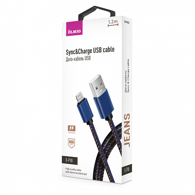 Кабель JEANS,  USB 2.0 - 8-pin,  1.2м,  2.1A,  джинсовая оплетка,  OLMIO