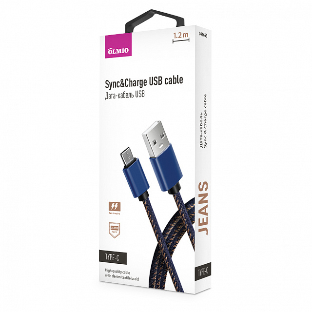 Кабель JEANS,  USB 2.0 - Type-C,  1.2м,  2.1A,  джинсовая оплетка,  OLMIO