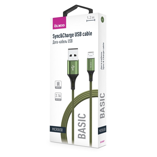 Кабель BASIC,  USB 2.0 - microUSB,  1.2м,  2.1A,  текстильная оплетка,  зеленый,  OLMIO