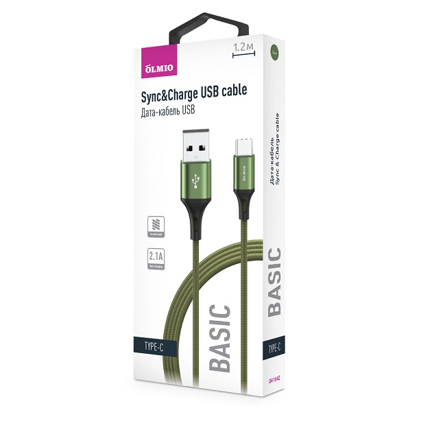 Кабель BASIC,  USB 2.0 - Type-C,  1.2м,  2.1A,  тканевая оплетка,  зеленый,  OLMIO