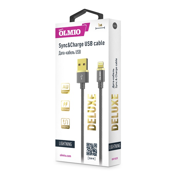 Кабель DELUXE,  USB 2.0 - lightning,  1м,  2.1A,  серый,  OLMIO