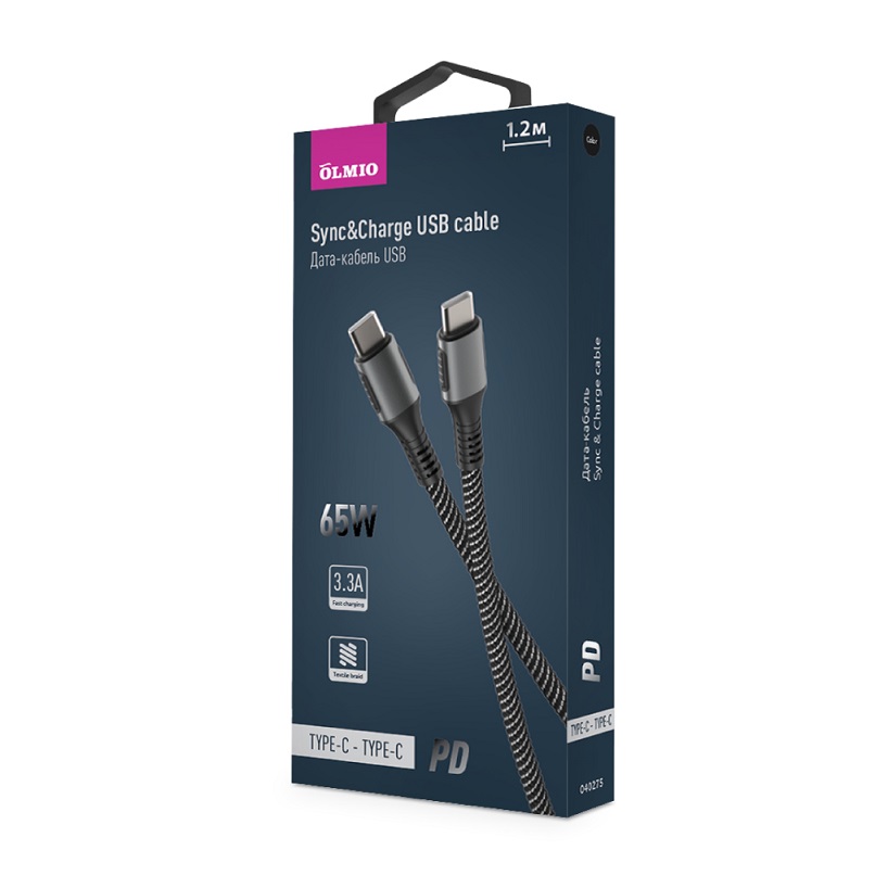 Кабель PD,  USB2.0,  Type-C - Type-C,  1.2м,  тканевая оплетка,  усиленный,  черный,  OLMIO