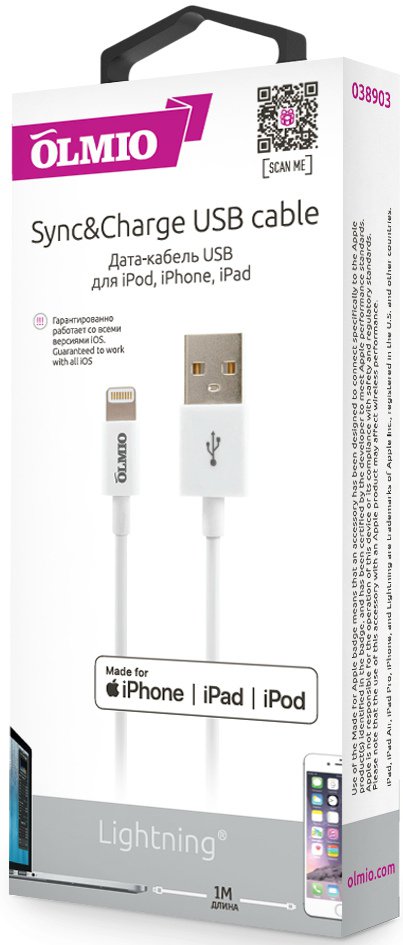 Кабель MFI USB 2.0 - Apple iPhone/iPod/iPad с разъемом 8pin,  1м,  белый,  OLMIO (кабель,  сертифицированный компанией Apple)