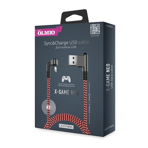 Кабель X-Game Neo USB 2.0 - Lightning,  1.2м,  2.1A,  игровой,  угловой USB (A),  OLMIO