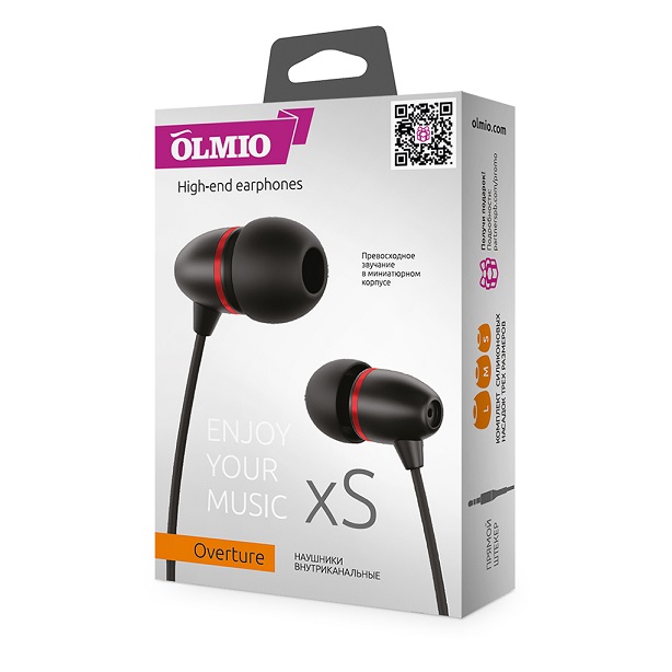Наушники внутриканальные "Overture",  металл,  черные,  3.5мм,  OLMIO