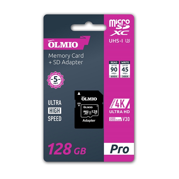 Карта памяти microSDXC 128GB V30,  UHS-I Class 3 (U3),  R:90MB/s,  W:45MB/s,  с адаптером,  OLMIO