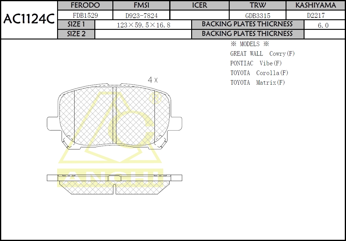 Колодки AN-667WK (AC1124C) ANCHI /FRONT TOYOTA IPSUM ACM2#,  NOAH AZR6# '01-/