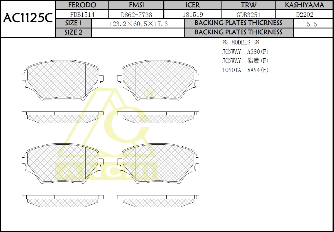 Колодки AN-640K (AC1125C) ANCHI /FRONT TOYOTA RAV4 #CA2# '00-/