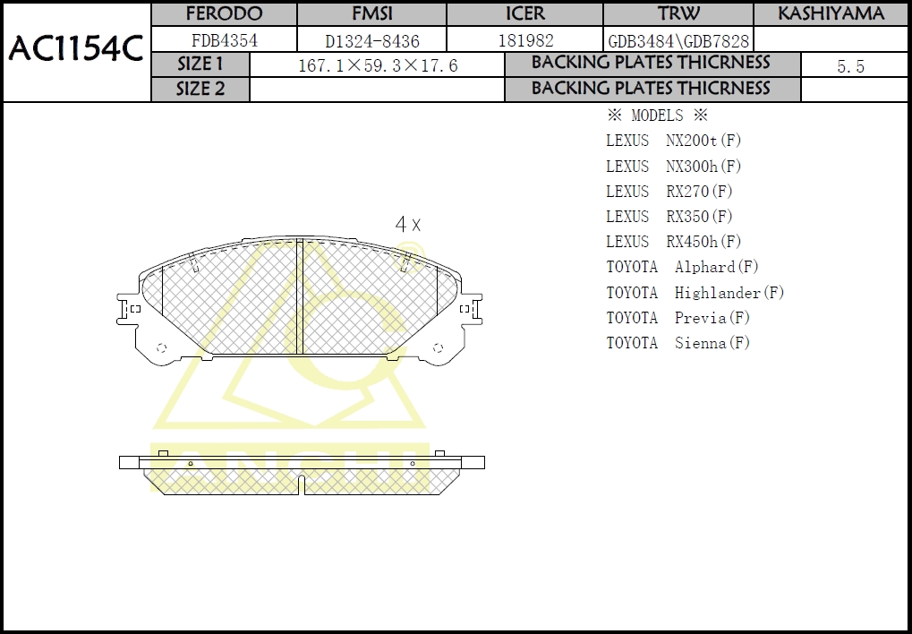 Колодки AN-815K (AC1154C) ANCHI /FRONT TOYOTA HIGHLANDER '09-,  KLUGER '07-,  LEXUS RX350 '09- ,  RX400/