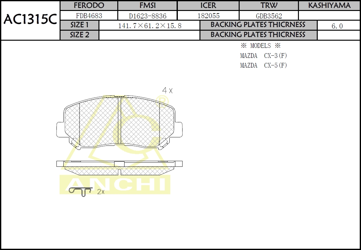 Колодки AN-783WK (AC1315C) ANCHI /FRONT MAZDA CX-5 '12-/