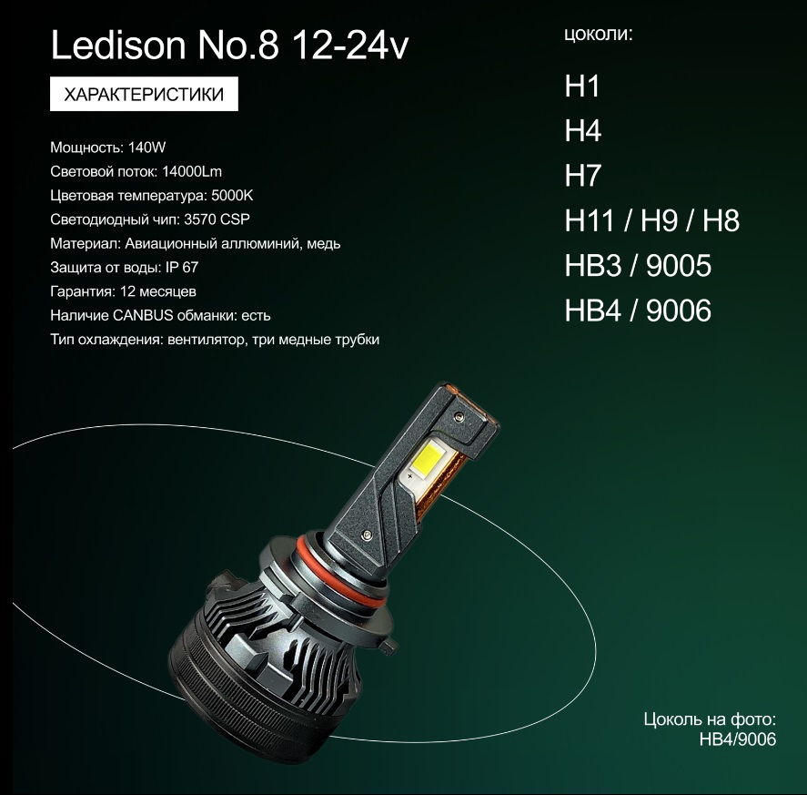 Лампа автомобильная Ledison №8 (H11/H9/H8) 2шт./12V-24V,  140W, 14000Lm, 5000K/В 7 раза ярче стандартной галогенной лампы/