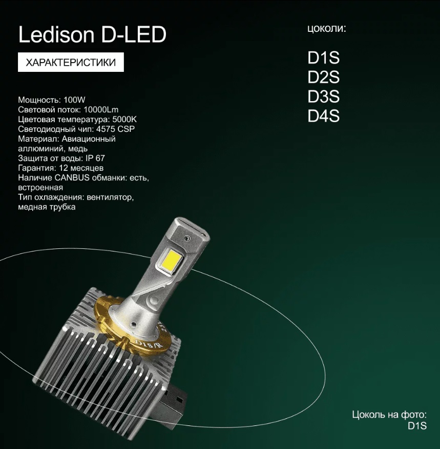 Лампа автомобильная Ledison D-LED (D2R/D2S) 2шт./12V,  100W, 10000Lm, 5000K/В 5 раз ярче стандартной галогенной лампы/