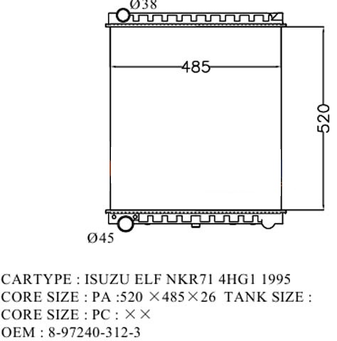 Радиатор IS-0014-26-K /4HF1,  4HG1,  4HJ1 без горловины,  MT NKR71,  NPR72,  WG# 	ELF,  NISSAN ATLAS,  MAZDA TITAN 1995-/